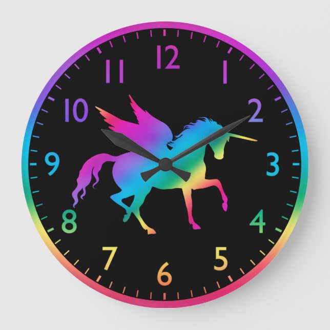 Kids Rainbow Gradient Unicorn Silhouette Large Clock (Front)