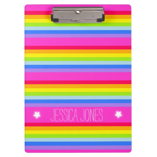 Kids rainbow stripes pink full name clipboard (Front)