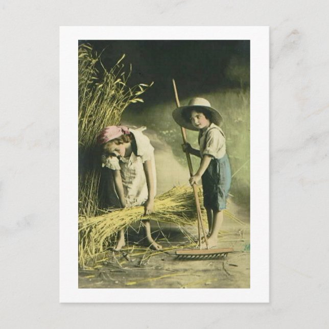 Kids Raking Hay 1903 Vintage Hand Coloured Postcard (Front)