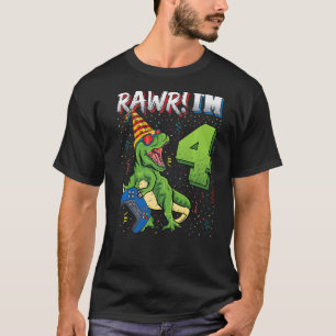 Kids Rawr I'm 4 4th Birthday Dinosaur holding Vide T-Shirt