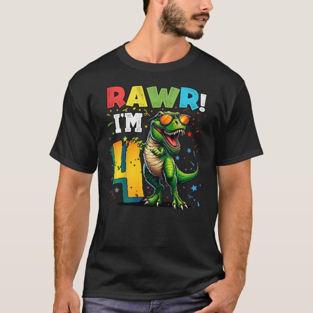 Kids Rawr I'm 4 4th Birthday T Rex Dinosaur Party  T-Shirt (Front)