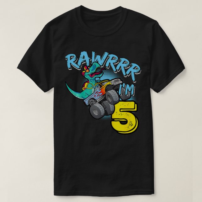Kids Rawr Im 5 5th Birthday Monster Truck TRex Din T-Shirt (Design Front)