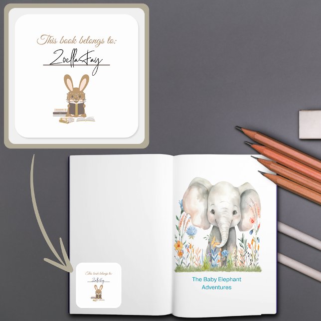 Kids Reading Books Animal Theme Bookplate Square Sticker (Reading Collection Bookplate Bunny)