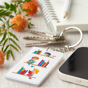 Kids Reading Books on Shelf Key Ring
