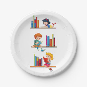 Kids Reading Books on Shelf Paper Plate