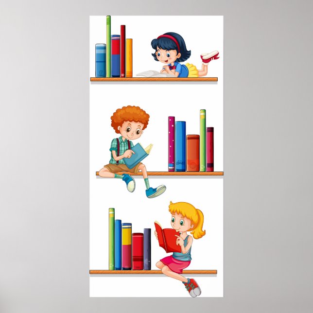 Kids Reading Books on Shelf Poster (Front)