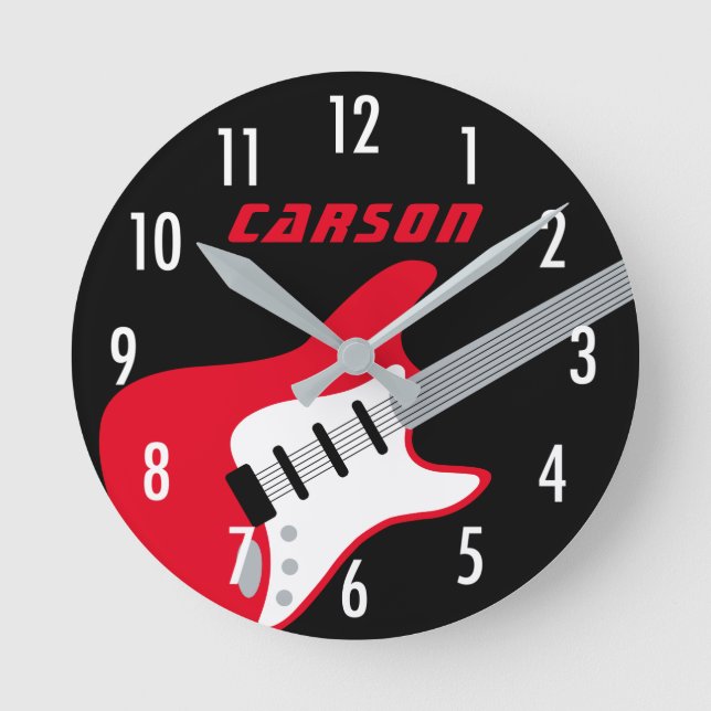 Kids Red and Black Monogram Rockstar Guitar Round Clock (Front)