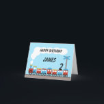 Kids Red Blue Train Birthday Card<br><div class="desc">This boy's birthday card features a cute red, blue and yellow train on a blue and brown background. I was inspired by children's fabric designs and book illustrations for this design. The colour is bright and the image is simple. This boy's train birthday card is particularly suitable for a train...</div>