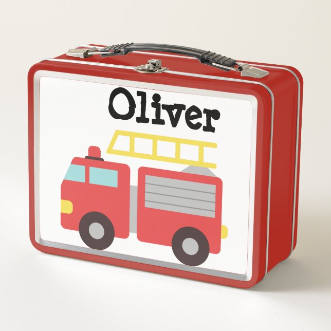 Kid's Red Fire Truck Name Metal Lunch Box (Front)