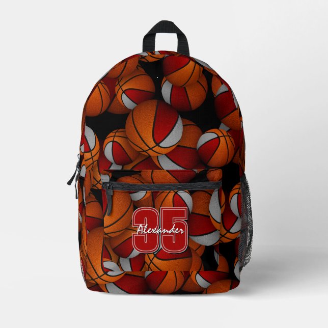 Kids red grey team colours basketballs pattern printed backpack (Front)