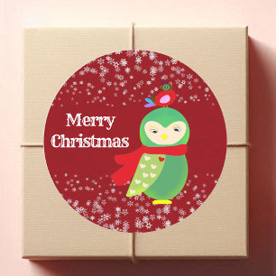 Kid's Red Merry Christmas Green Owl Party Crafts Classic Round Sticker
