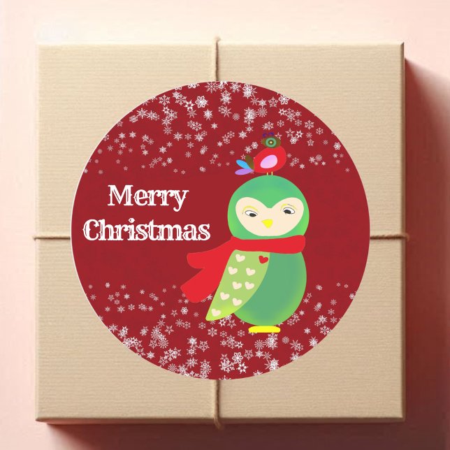 Kid's Red Merry Christmas Green Owl Party Crafts Classic Round Sticker (Kid's Red Merry Christmas Green Owl Party Crafts Classic Round Sticker)