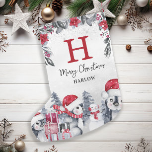 Kids Red Penguin Monogram Name Small Christmas Stocking
