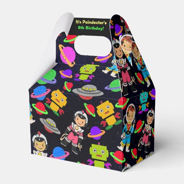 Kids Retro Astronauts and Robots Personalised Favour Box (Front Side)