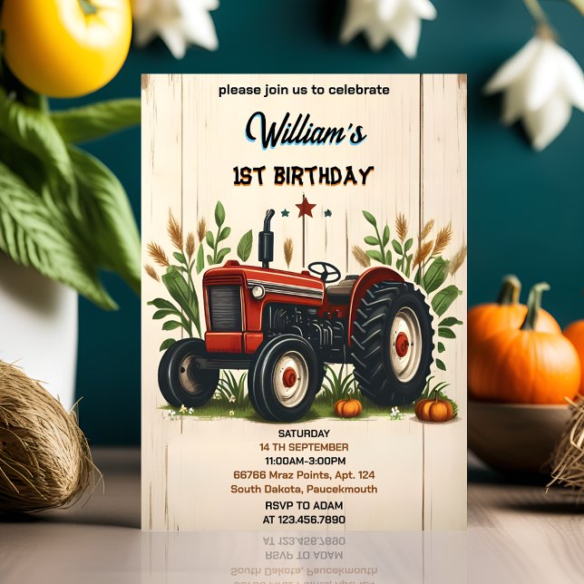 kids retro boy cool tractor first 1st birthday invitation (Creator Uploaded)