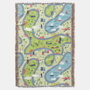 Kids Roadtrip Landscape Pattern Throw Blanket