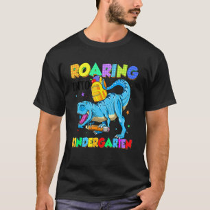 Kids Roaring Into Kindergarten Dinosaur First Day  T-Shirt