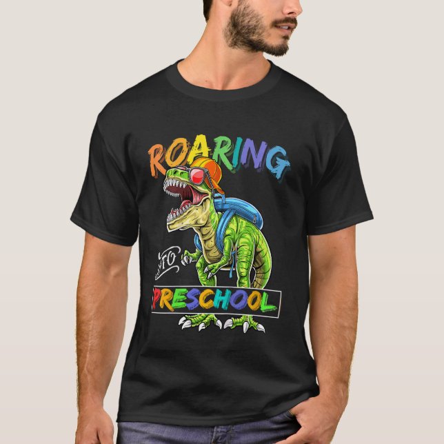 Kids Roaring Into Preschool Dinosaur Backpack Back T-Shirt (Front)