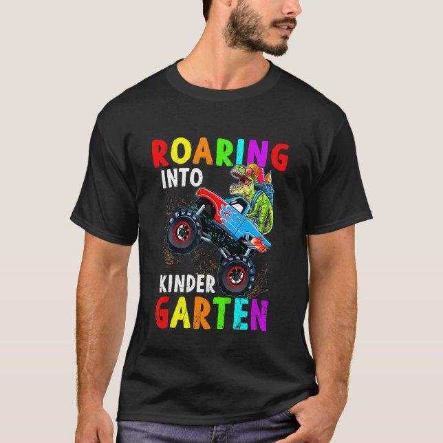 Kids Roaring Kindergarten Dinosaur Monster Truck B T-Shirt (Front)