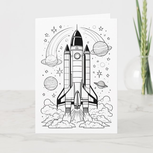 Kids Rocket Birthday Card - COLOR ME! (Front)
