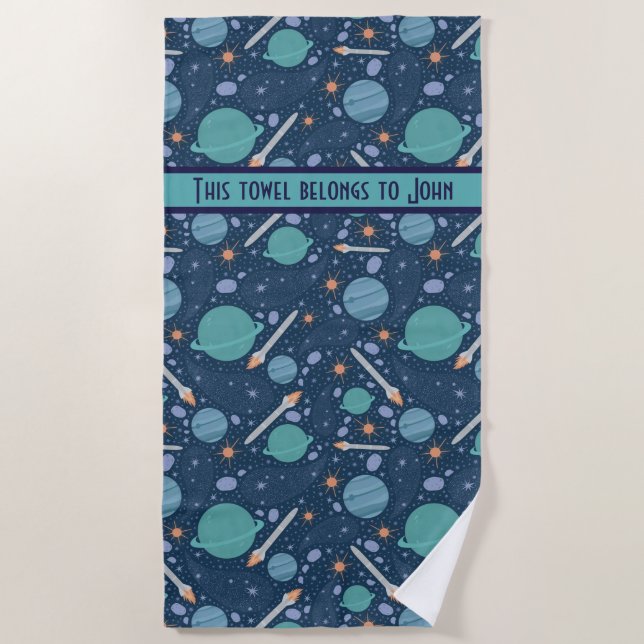 Kids Rocket Ship Jupiter Saturn Planet Stars Beach Towel (Front)
