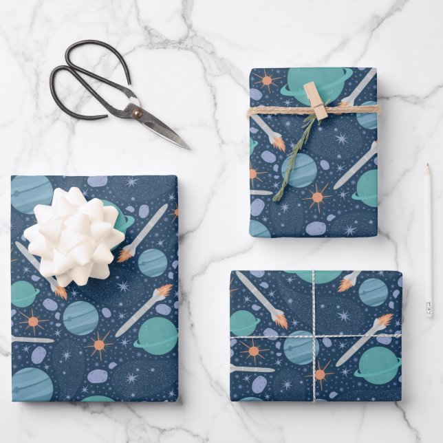 Kids Rocket Ship Jupiter Saturn Planet Stars Wrapping Paper Sheet (Front)
