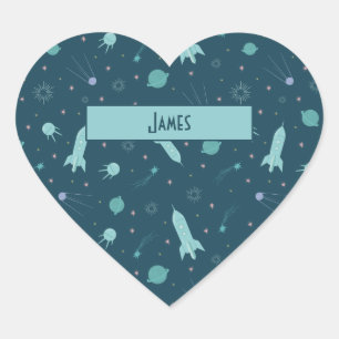 Kids Rocket Ship to Space Travel Saturn Planets Heart Sticker