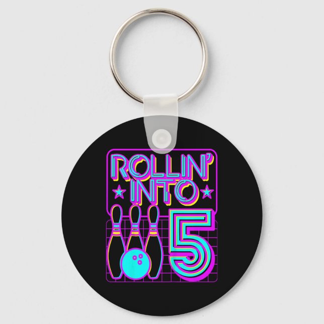 Kids Rollin Into 5 Bowling Bowler 5th Birthday Par Key Ring (Front)