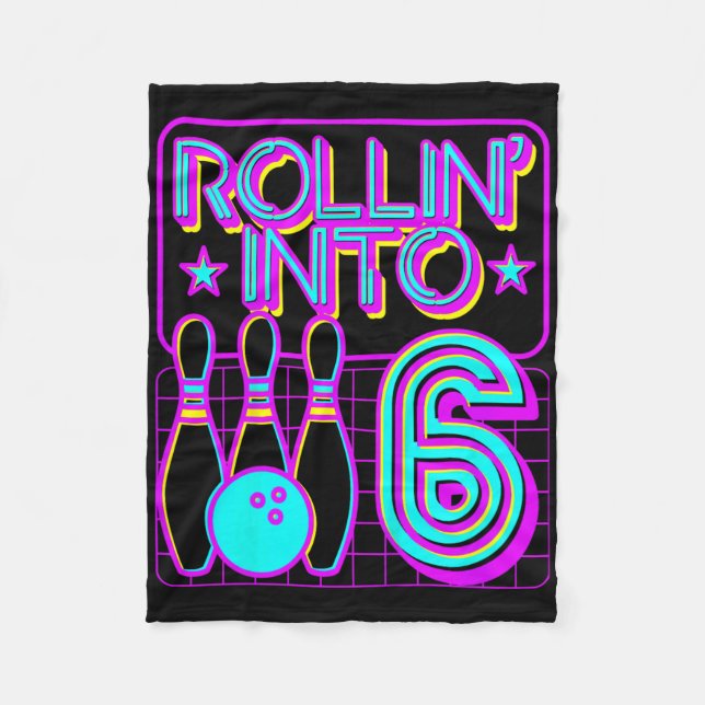 Kids Rollin Into 6 Bowling Bowler 6th Birthday Par Fleece Blanket (Front)