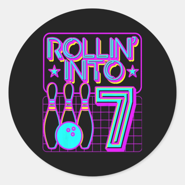 Kids Rollin Into 7 Bowling Bowler 7th Birthday Par Classic Round Sticker (Front)