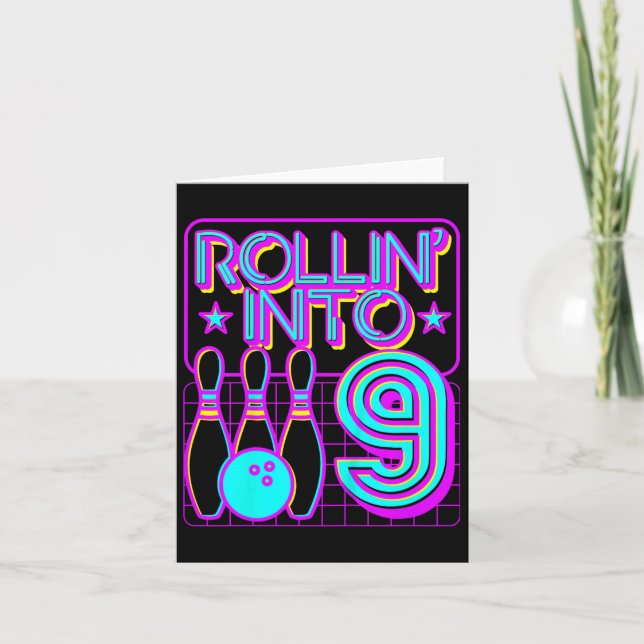 Kids Rollin Into 9 Bowling Retro Bowler 9th Birthd Card (Front)