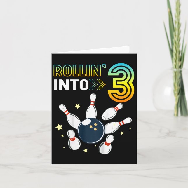 Kids Rolling Into 3 Years Old Birthday Bowling Lov Card (Front)