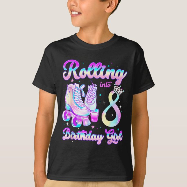 Kids Rolling Into 8 Roller Skating 8th Birthday Gi T-Shirt (Front)