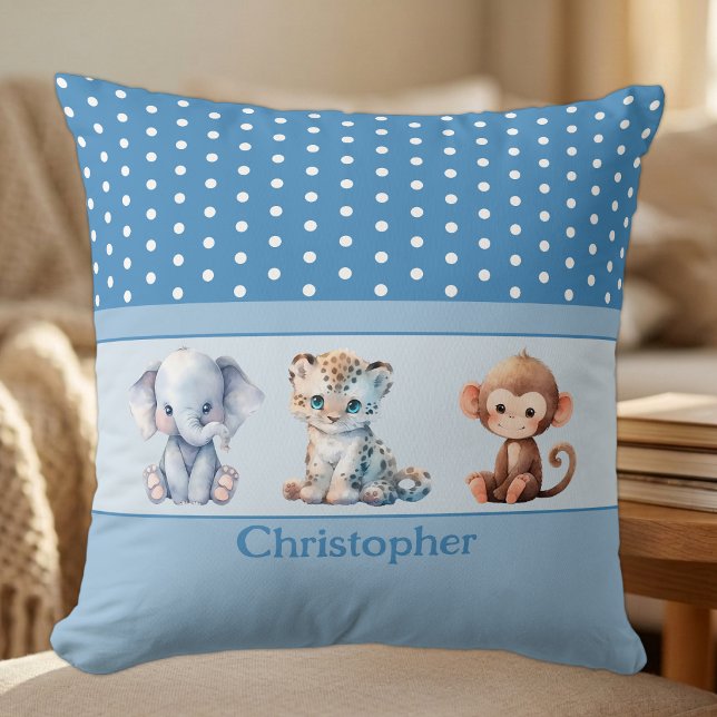 Kid's room add name cute animals blue cushion (Creator Uploaded)