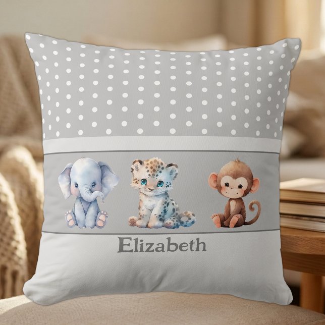 Kid's room add name cute animals grey cushion (Creator Uploaded)