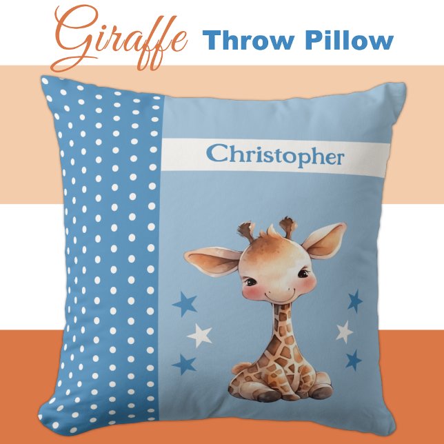 Kid's room add name cute giraffe blue cushion (Creator Uploaded)