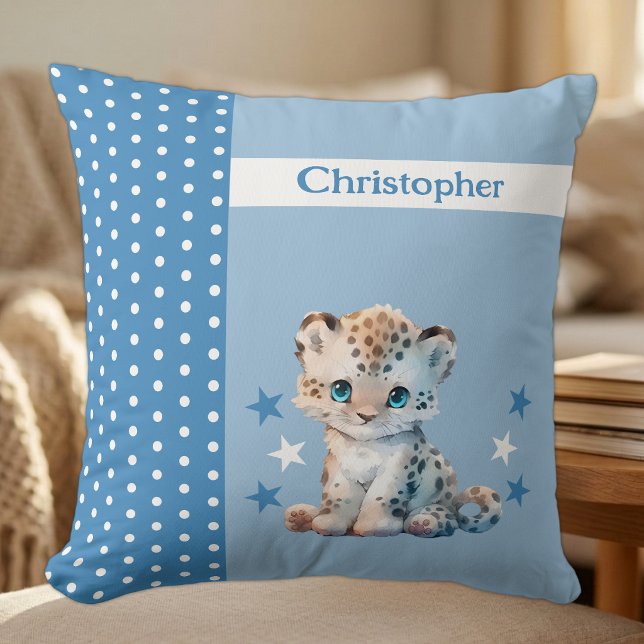 Kid's room add name cute leopard blue cushion (Creator Uploaded)