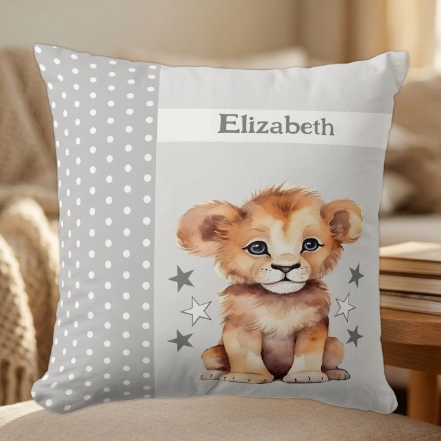 Kid's room add name cute lion grey cushion (Creator Uploaded)