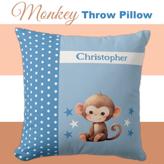 Kid's room add name cute monkey blue cushion (Creator Uploaded)