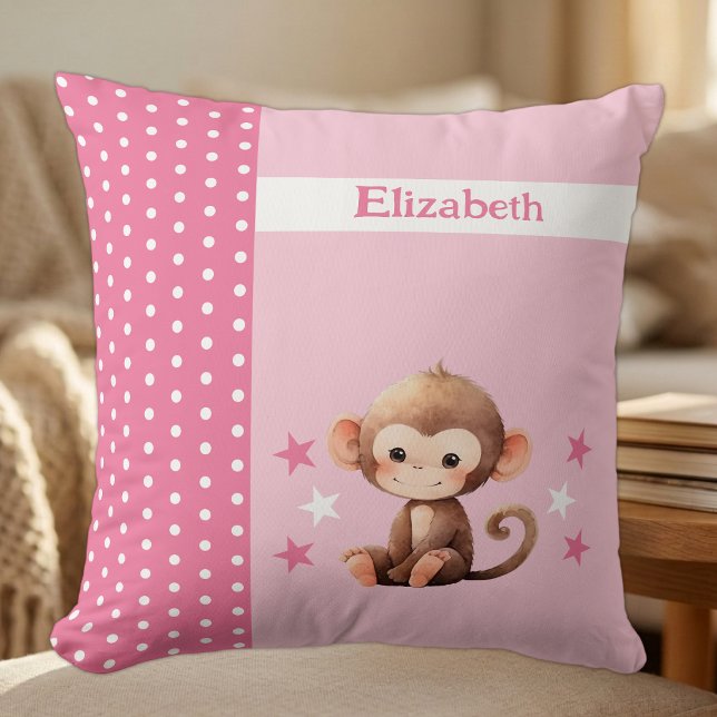 Kid's room add name cute monkey pink cushion (Creator Uploaded)