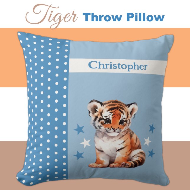 Kid's room add name cute tiger blue cushion (Creator Uploaded)