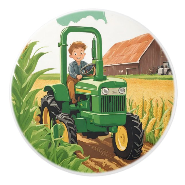 Kid's Room Farm Tractor Equipment Fun Green Drawer Ceramic Knob (Front)