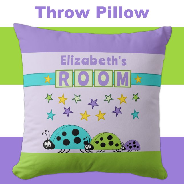 Kid's room Ladybugs add name purple green Cushion (Creator Uploaded)