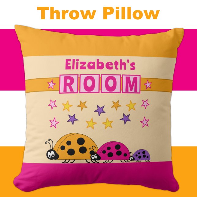 Kid's room Ladybugs add name purple pink Cushion (Creator Uploaded)