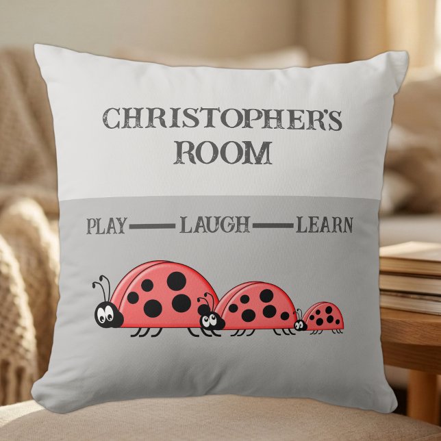 Kid's room Ladybugs custom name grey Cushion (Creator Uploaded)
