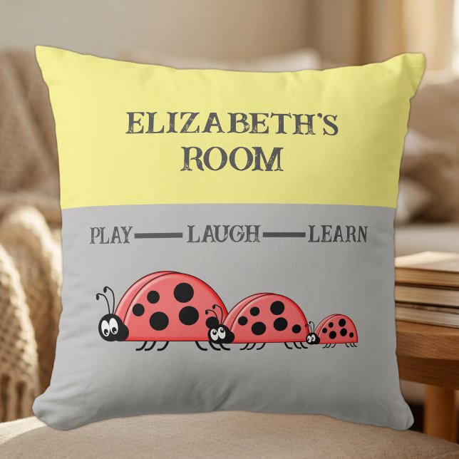 Kid's room Ladybugs custom name grey yellow Cushion (Creator Uploaded)