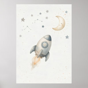 Kids Room Wall Art- Large Watercolor Rocket Poster
