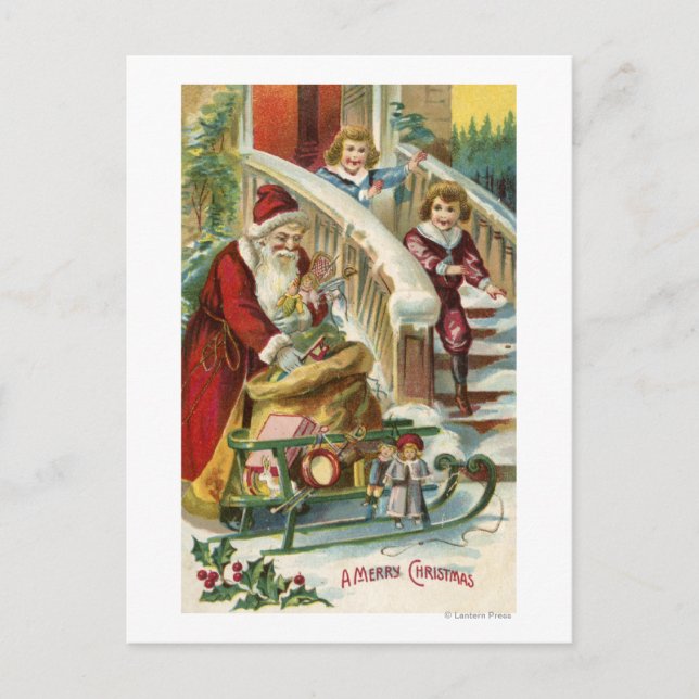 Kids Running to Greet Santa Holiday Postcard (Front)