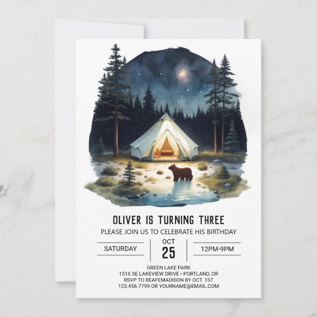 Kids' Rustic Mountain Campout Birthday Invitation (Front)