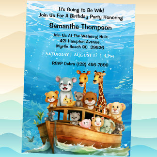 Kids Safari Animal Boat Ride Birthday Party Invitation
